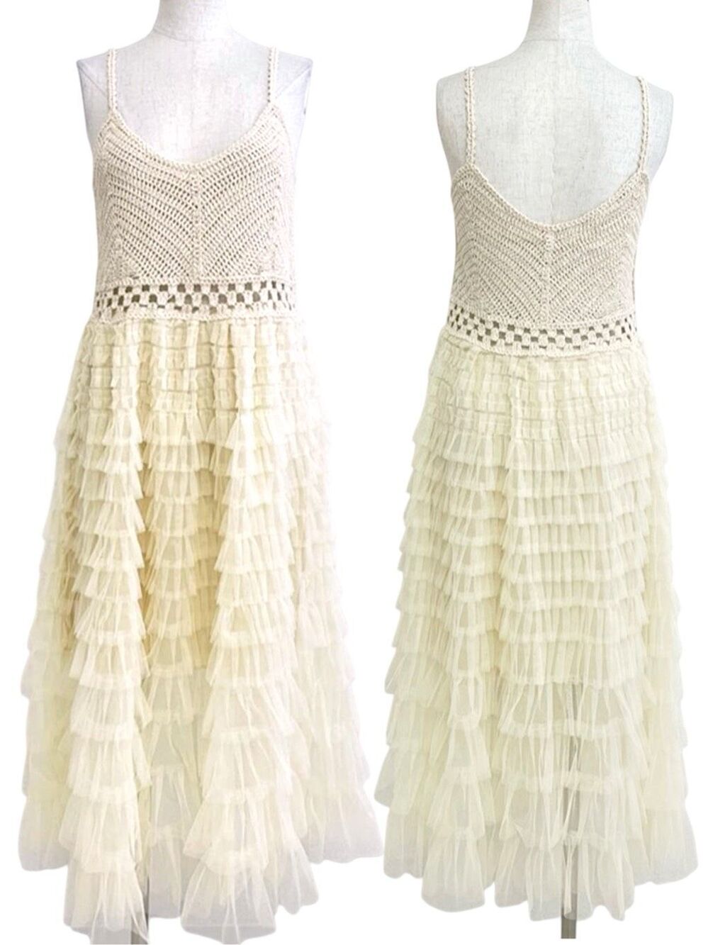 POL Crochet Lace Tiered Midi Dress | Boho Ivory Ruffle | Western Festival | O/S - Picture 11 of 14